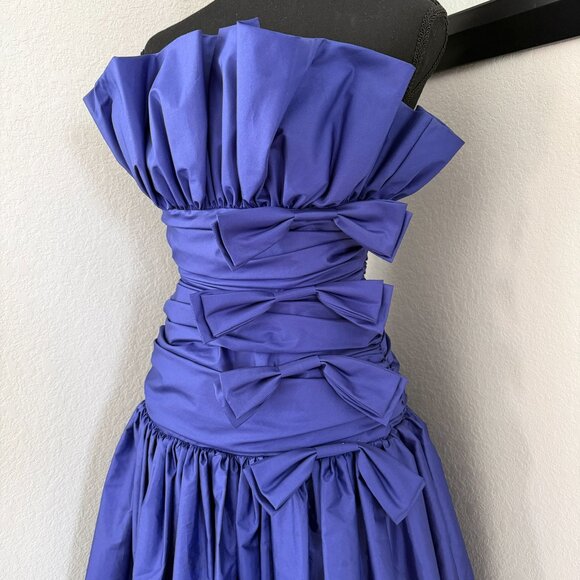 VINTAGE 80s Prom Glam Nili Martin Ruched Bow Strapless Purple Party Dress Sz XS - Picture 9 of 16